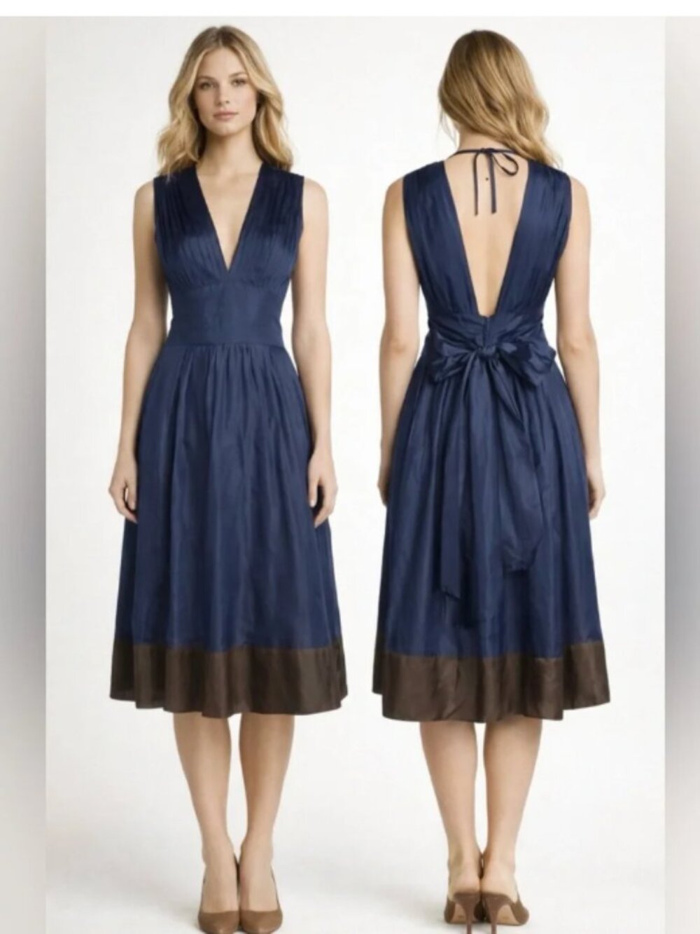 BCBGMAXAZRIA 100% Silk Navy Brown Halter Midi Dress Bow Size 2